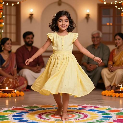 Photograph of a young Indian girl with dark curly hair, wearing a yellow dress, walking barefoot on a colorful mandala on stage, with a