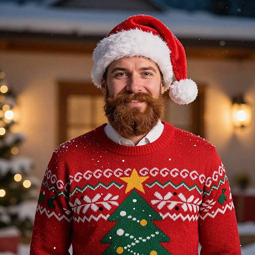 Photograph of a bearded man wearing a red Santa hat and festive red sweater with Christmas tree pattern, standing indoors by a lit Christmas tree.