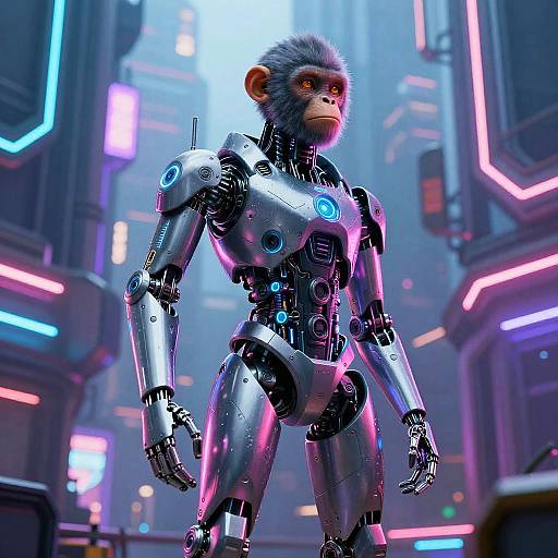 Futuristic Simian Robot in Cyberpunk City