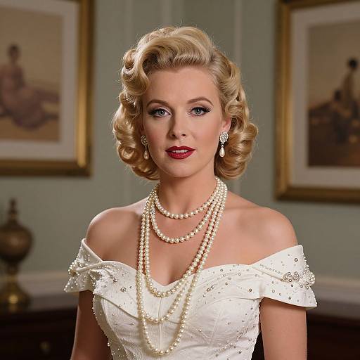 Photograph of a blonde woman with curled hair, red lipstick, wearing an off-shoulder white dress with pearl necklaces, in an elegant room