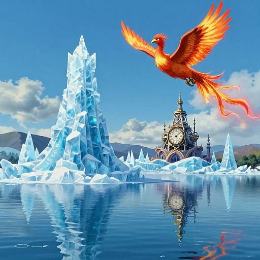 Digital artwork of a vibrant red phoenix soaring above icy blue crystal formations and a clock tower, reflecting in calm water.