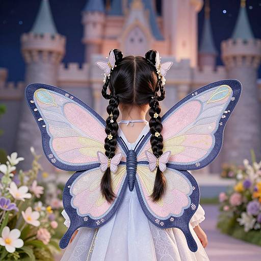 Photograph of a girl with black braided hair, wearing a white dress and large, glowing butterfly wings, facing a fairy-tale castle at night