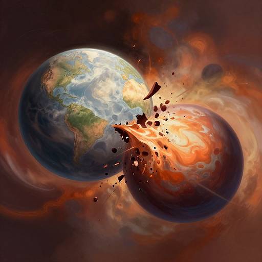 Digital art: Earth colliding with fiery, black planet; Earth's surface shattering, flames and debris exploding outward against dark, cosmic background.