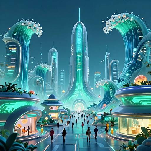 Digital artwork of a futuristic cityscape with glowing skyscrapers resembling waves, illuminated streets, and neon-lit buildings, bustling with pedestrians.