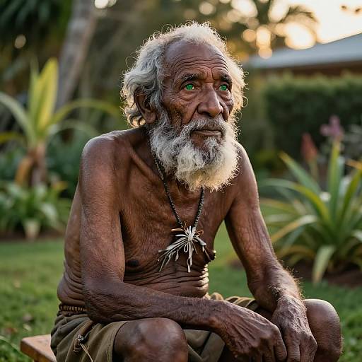 Photograph of an elderly, shirtless Indian man with a white beard, green eyes, and brown skin, sitting outdoors, wearing a necklace with a