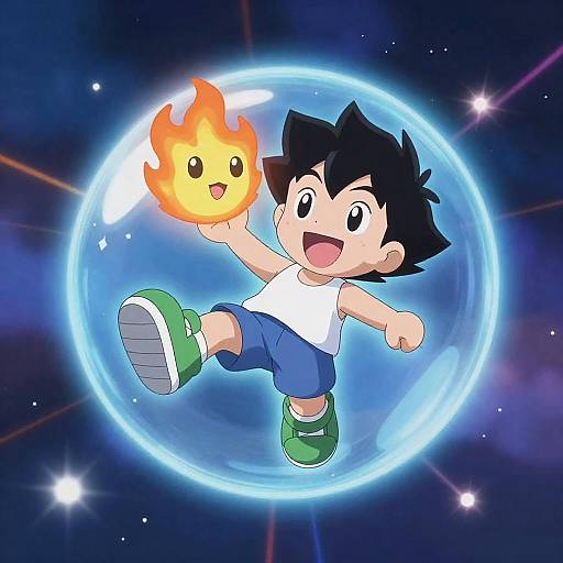 Joyful anime boy with flame companion in glowing orb