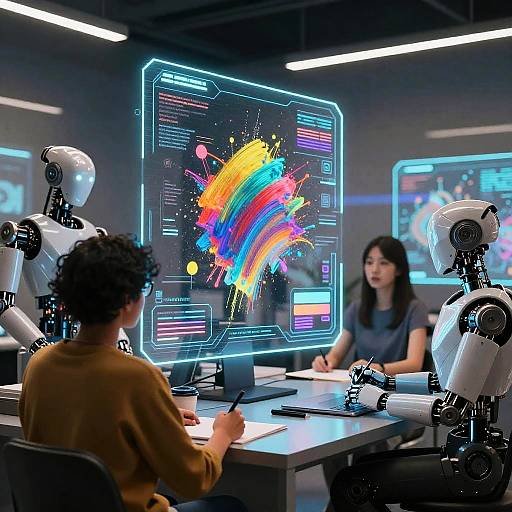 Photograph of a futuristic office with a woman and two humanoid robots, a vibrant digital splash screen, and neon-lit background.