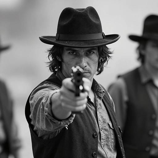 Black-and-White Cowboy Pointing Gun