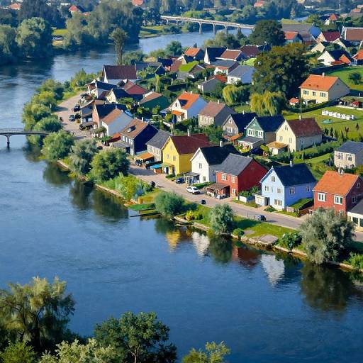Aerial photograph of a colorful suburban neighborhood with red, yellow, and blue houses along a calm river, bordered by lush greenery and a bridge in