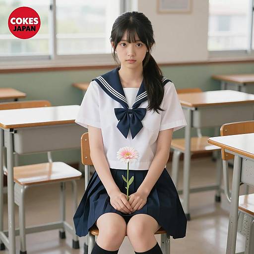 Asian Schoolgirl in Classroom Holding Flower