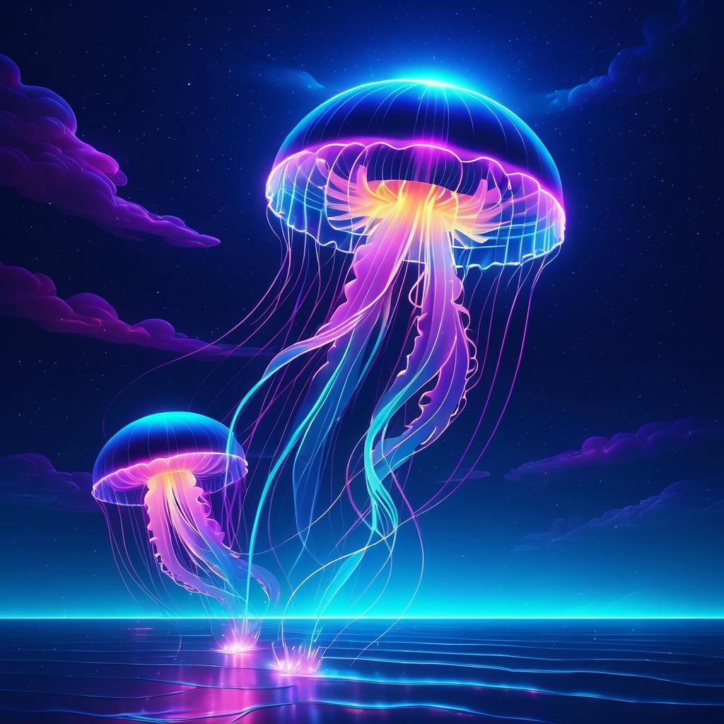 Neon Jellyfish in Synthwave Ocean