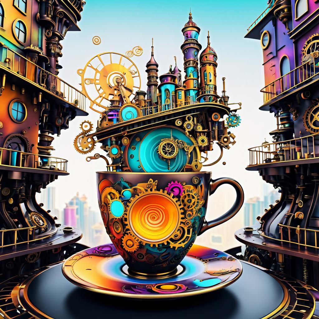 Surreal Levitating Coffee Cup in Steampunk