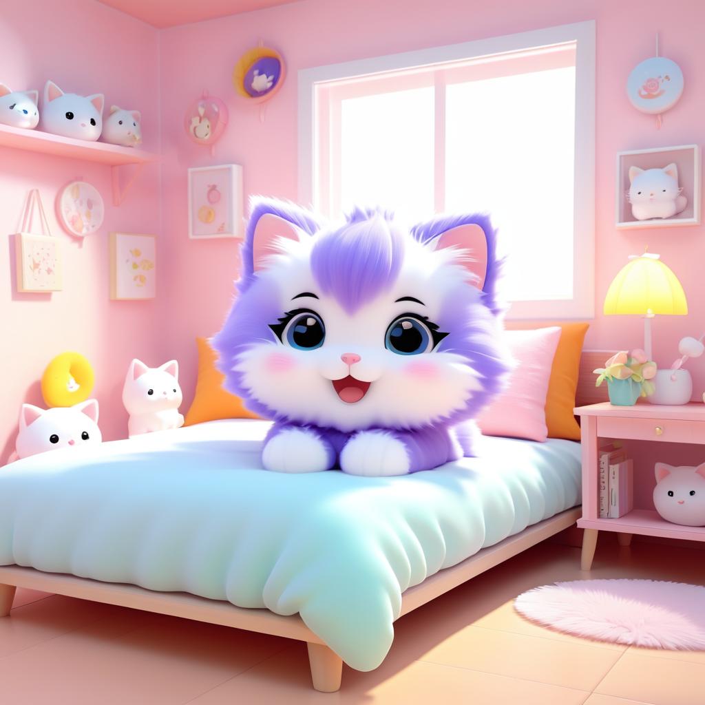 Kawaii Fluffy Kitten in Cozy Bedroom Animation