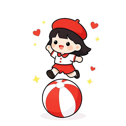Cute Cartoon Girl Jumping on Beach Ball