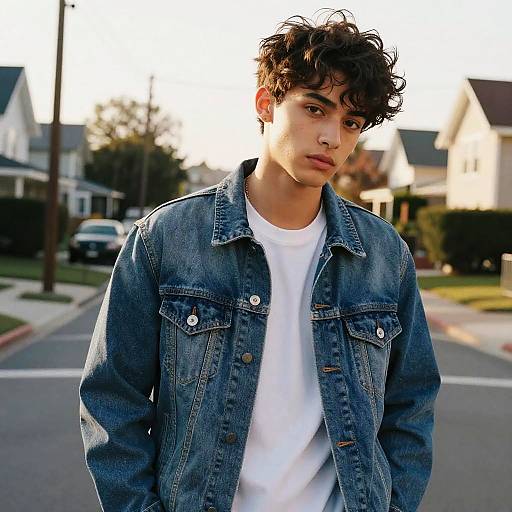 Photograph of a young, light-skinned man with curly dark hair, wearing a blue denim jacket over a white t-shirt, standing in a suburban