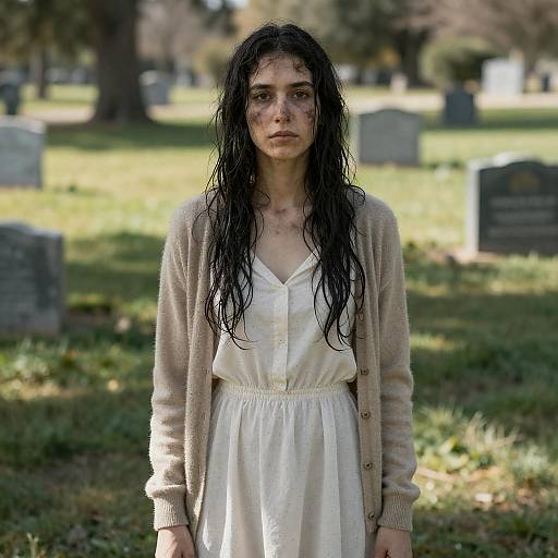 Woman with Wet Hair and Dirty Face in Cemetery