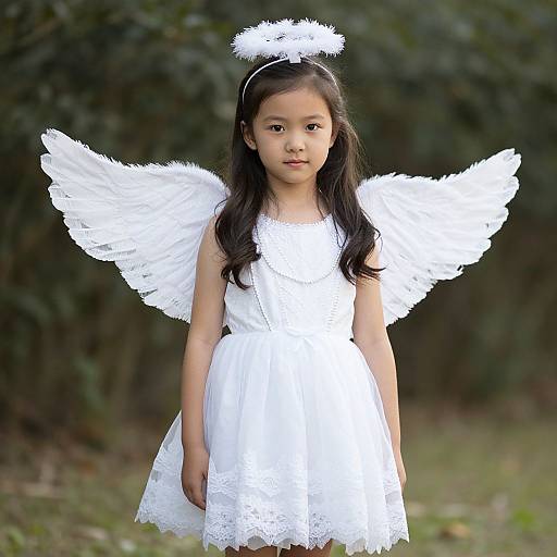 Photograph of an Asian girl in a white angel costume with feathered wings and a halo headband, standing outdoors.