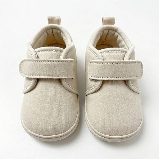 Photograph of beige baby shoes with elastic straps, textured fabric, and soft interior, positioned side by side on white background.