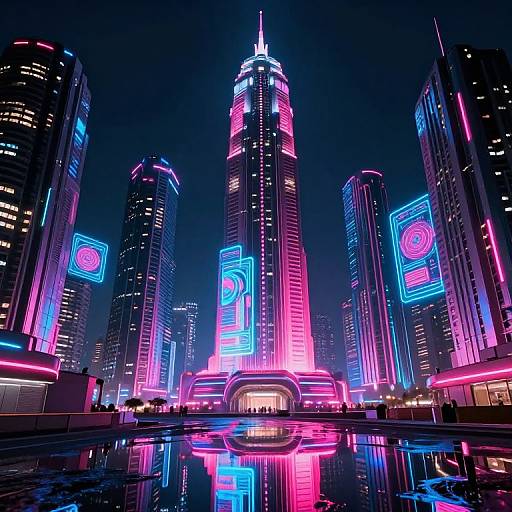 Neon-lit futuristic cityscape photograph of towering skyscrapers with vibrant pink, blue, and purple lights reflecting on a wet, glossy street.