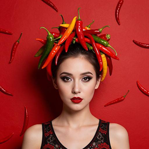 Woman with Colorful Chili Pepper Headpiece