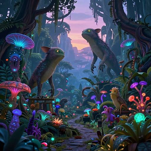 Fantastical CGI forest scene with glowing mushrooms, vibrant flora, and two luminescent, yellow-eyed, cat-like creatures mid-leap under a