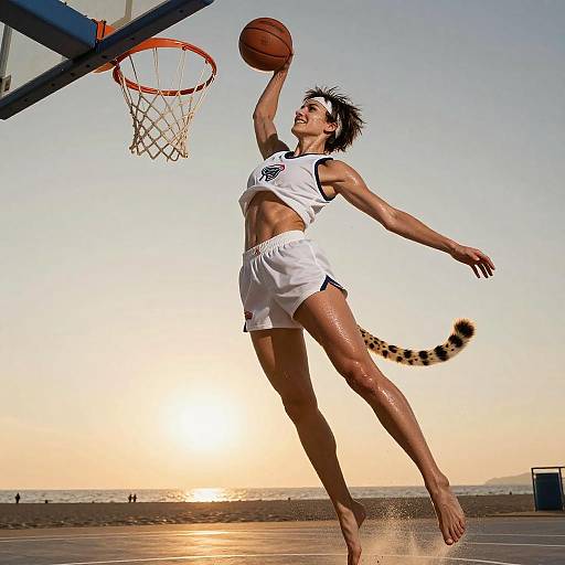 Anthropomorphic Cheetah Dunking Basketball on Beach Court