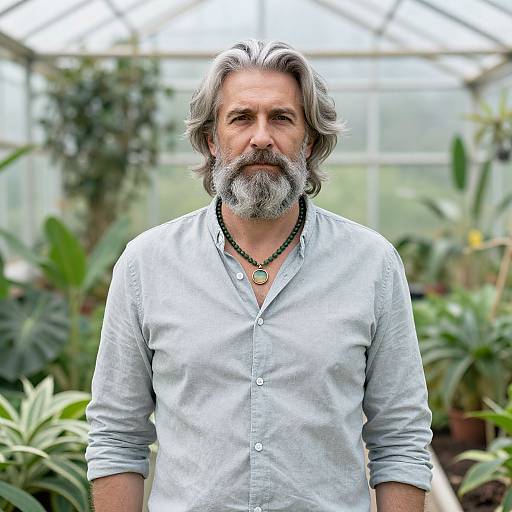 Photograph of a middle-aged man with gray hair and beard, wearing a light gray button-up shirt and black beaded necklace, standing in a lush