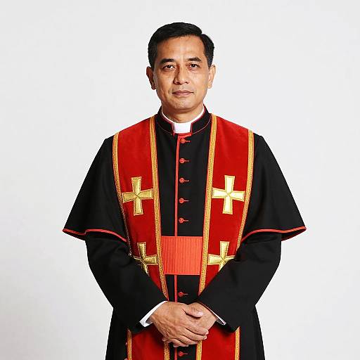 Photograph of a middle-aged male priest with medium brown skin, black hair, wearing a red and black clergy robe with gold crosses, standing against a