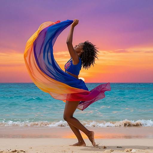 Photograph of a dark-skinned woman with curly hair, wearing a blue lace top and rainbow skirt, dancing on a beach at sunset, holding her