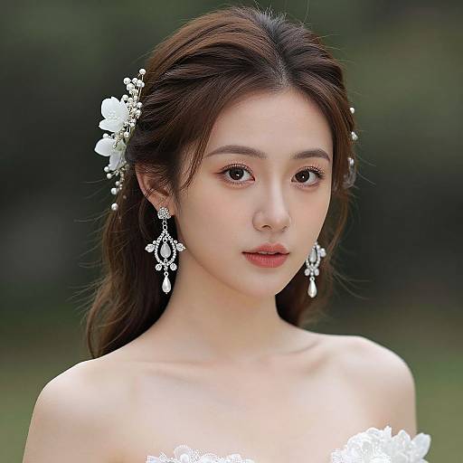Photograph of a young Asian woman with fair skin, brown hair, and delicate features, wearing white floral hair accessories and matching drop earrings, against a