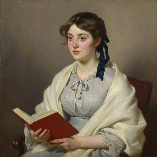 Portrait of a fair-skinned young woman with brown hair, wearing a white shawl over a grey dress, holding an open red book, seated against