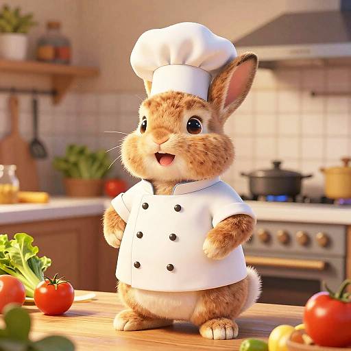 CGI image of a cute, fluffy brown rabbit in a white chef's uniform and hat, standing on a kitchen counter with fresh vegetables.
