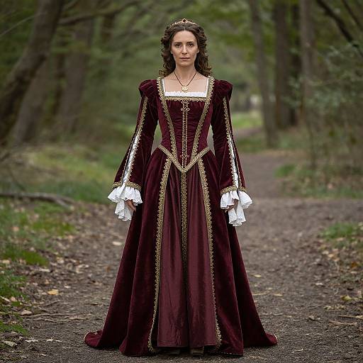 Photograph of a woman with long dark hair, wearing a deep burgundy Renaissance-style gown with gold trim, white lace cuffs, and a tiara