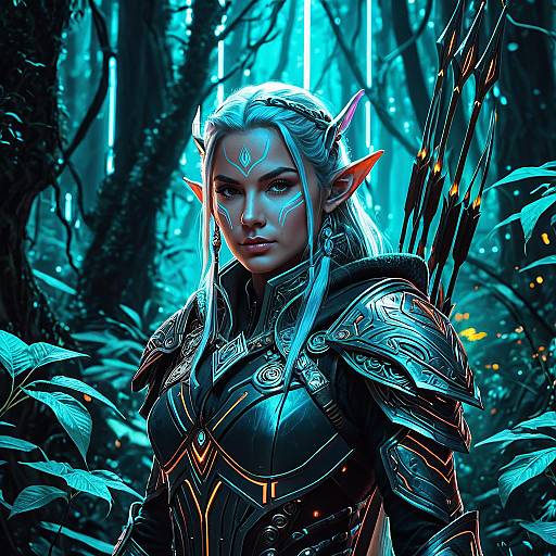 Cybernetic Elf Archer in Futuristic Forest