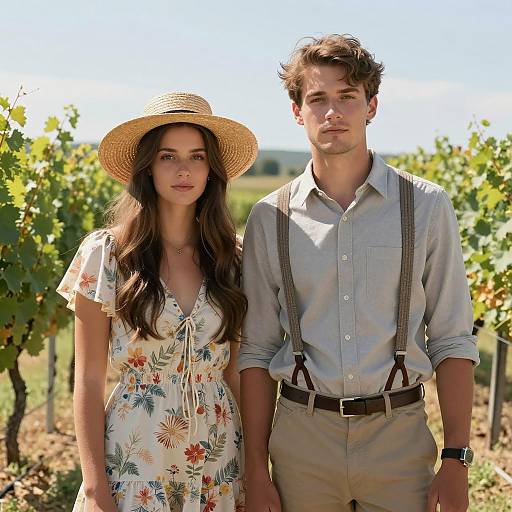 Young Couple in Vineyard with Floral Dress and Suspenders