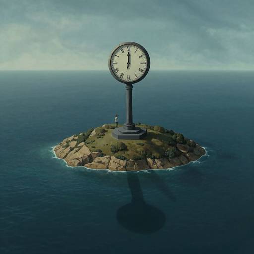 Photorealistic CGI: Clock tower on small, rocky island with lighthouse in ocean; clear blue sky, dark blue water, clock shadow below.