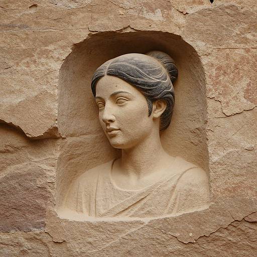 Photograph of a detailed stone bust of an ancient woman with dark hair, serene expression, and draped garment, carved into a textured, weathered brown