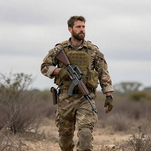 Bearded Soldier Walking Through Bushland