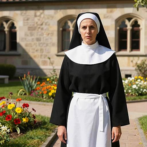 Photograph of a stern-faced Caucasian nun with fair skin, black habit, white wimple, and apron, standing in a sunny garden with colorful