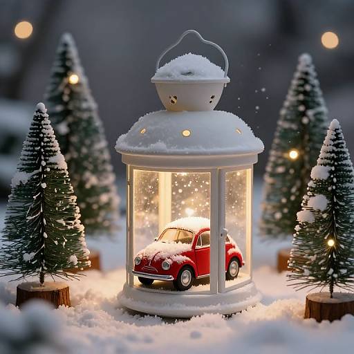 Photograph of a snowy winter scene featuring a white lantern with a glowing light, encasing a red vintage car, surrounded by snow-covered pine trees and