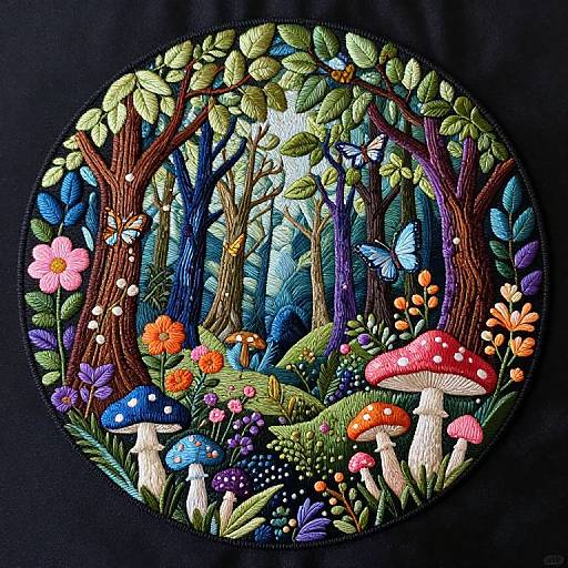 Embroidered circular forest scene with vibrant colors: red and white mushrooms, blue and purple flowers, pink butterfly, green leaves, and tall trees,