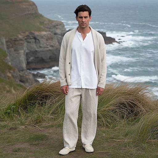 Photograph of a serious, dark-haired man in white shirt, beige cardigan, and white pants standing on a grassy cliff by the ocean.