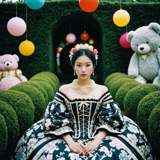 Japanese Woman in Baroque Dress in Hedge Maze