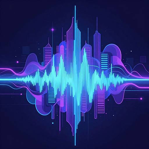 Neon digital art: vibrant blue and purple cityscape with wavy lines, vertical lines, and bright, glowing peak across the center.