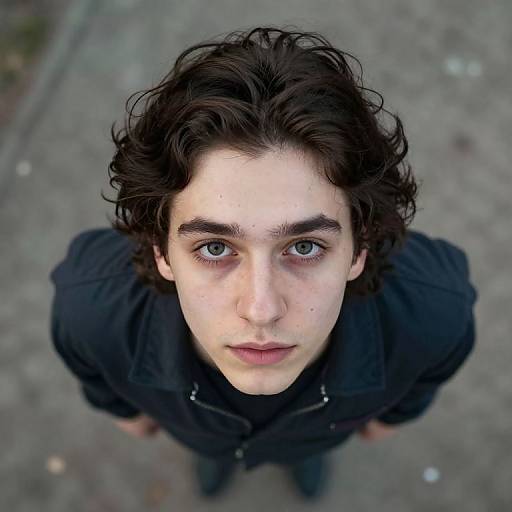 Photograph of a young man with curly dark hair, blue eyes, and pale skin, looking up at the camera from a high angle, wearing a