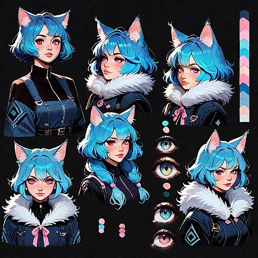 Dynamic Cat Girl Character Reference Sheet