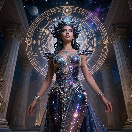 Digital artwork of a celestial goddess with dark hair, wearing a shimmering, star-embellished dress, standing in an ancient, cosmic temple.