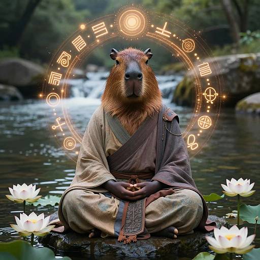 Photograph of an anthropomorphic badger in a robe, meditating on a rock in a forest stream with glowing symbols and white lotus flowers.