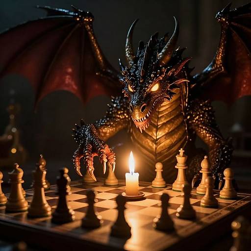 Photograph of a dark, glowing dragon with red and black scales playing chess against white chess pieces, lit by a single candle.
