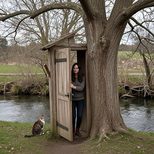Woman Opening Door in Gnarled Tree